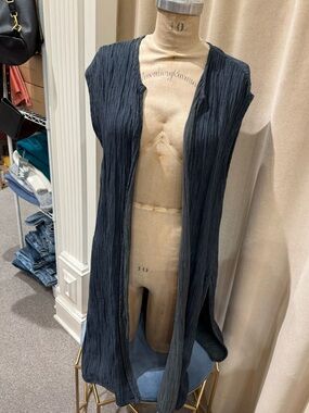 Cut Loose Silk/ Linen  Long Open Vest - Slate Blue